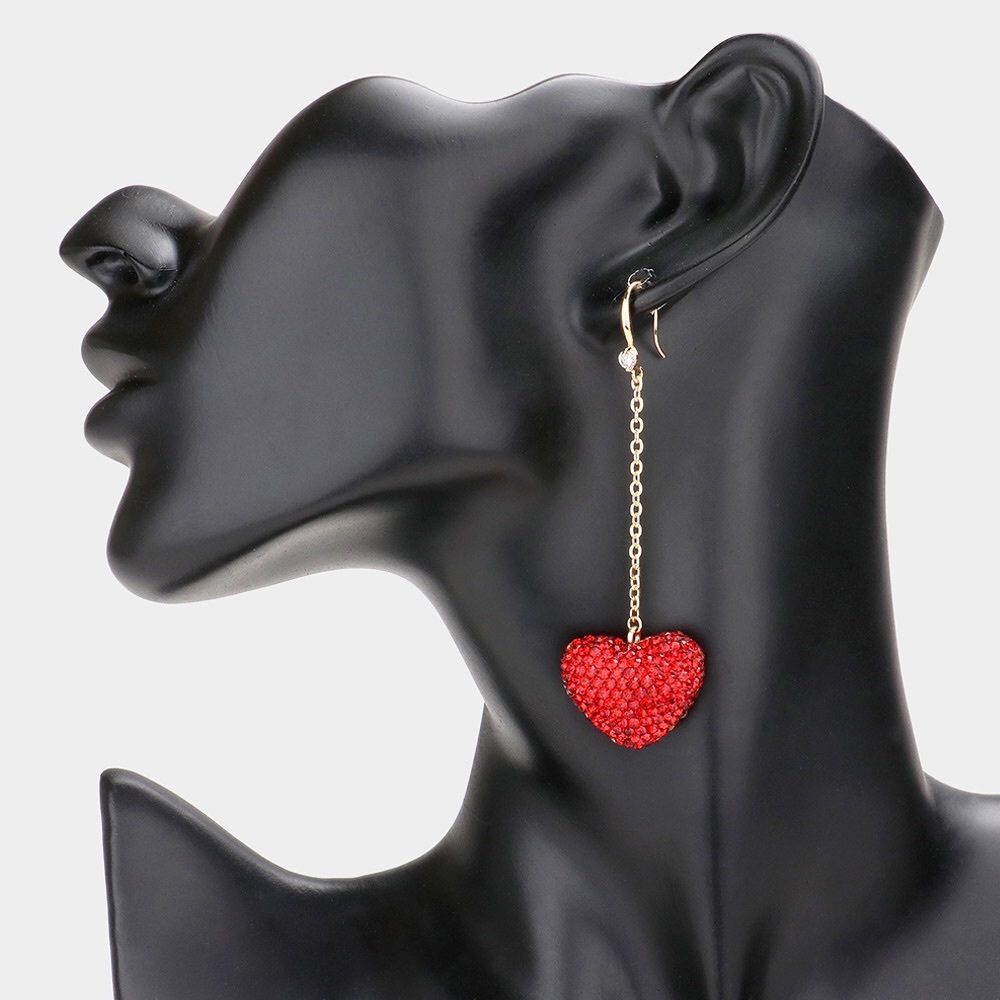 Red Rhinestone Pave Heart Statement Earrings